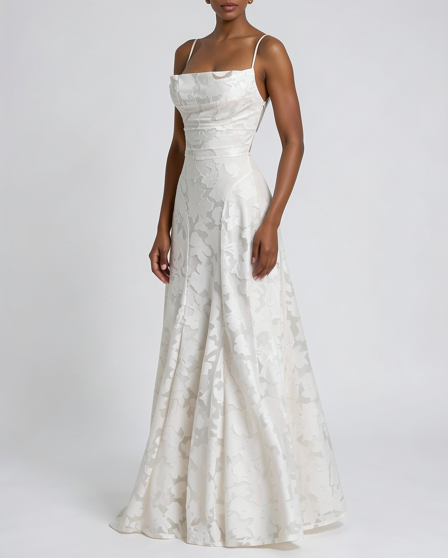 Embossed Burnout A-Line Formal Evening Maxi Dress