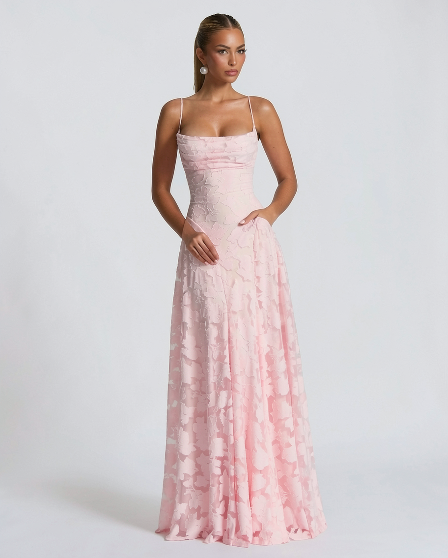 Embossed Burnout A-Line Formal Evening Maxi Dress