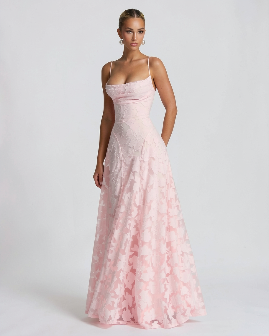 Embossed Burnout A-Line Formal Evening Maxi Dress