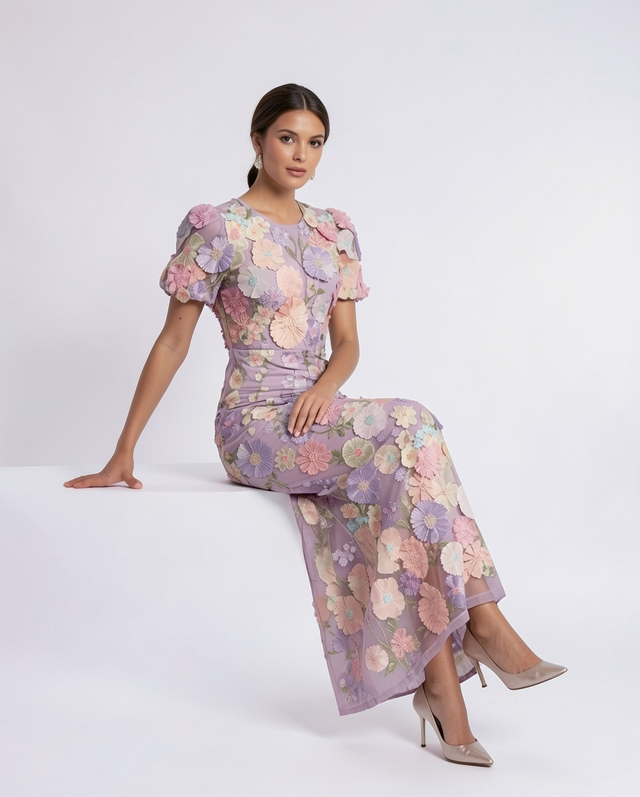 Embroidered Floral Tulle Mermaid Formal Maxi Dress