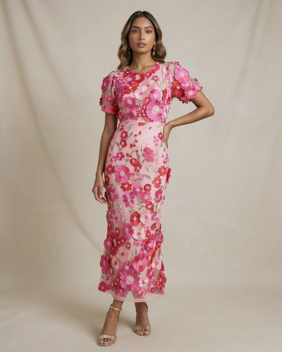 Embroidered Floral Tulle Mermaid Formal Maxi Dress