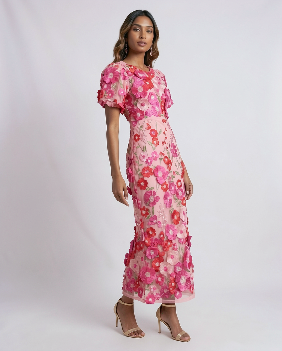 Embroidered Floral Tulle Mermaid Formal Maxi Dress
