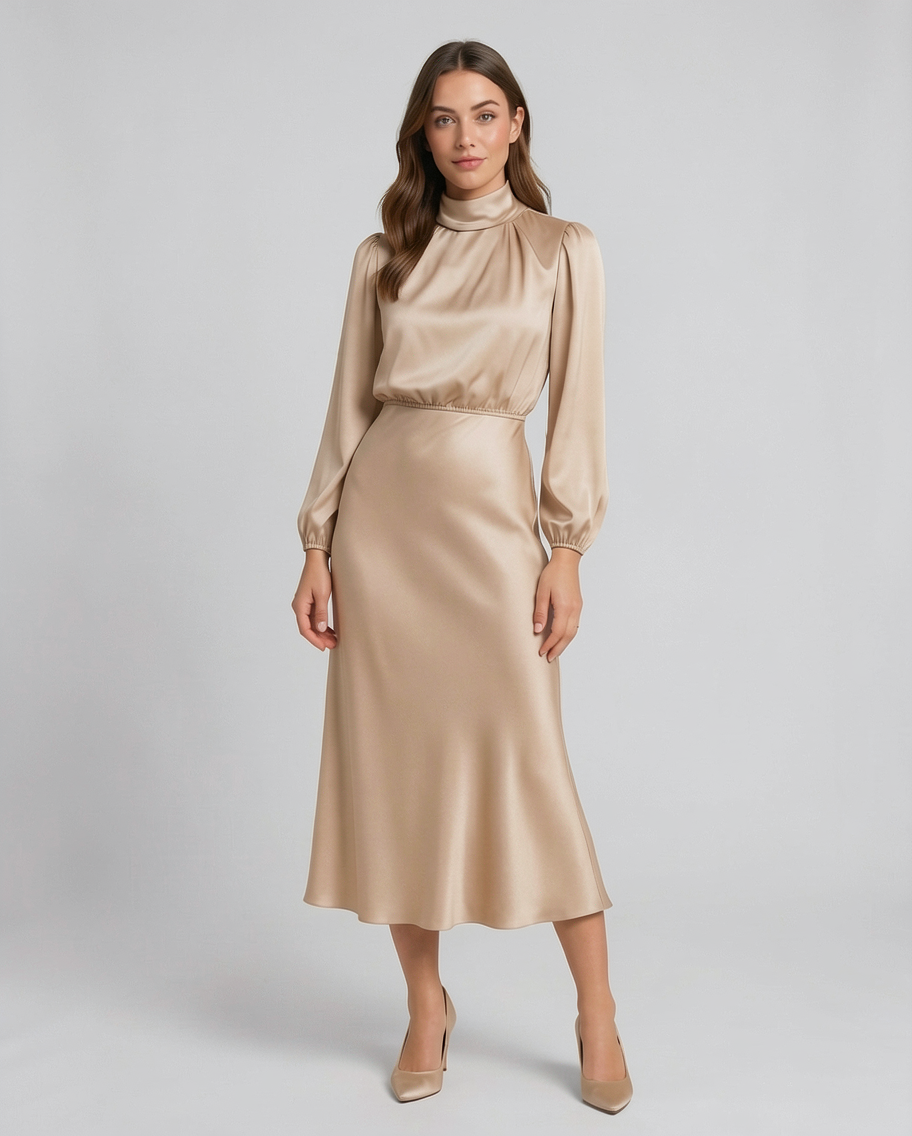 Blouson Fit Elastic Waist Silk Satin Formal Midi Dress