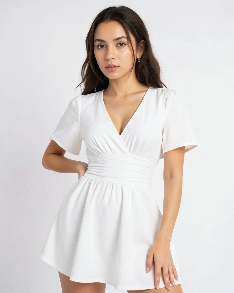 Elegant Gathered Waist Dress with V-Neckline