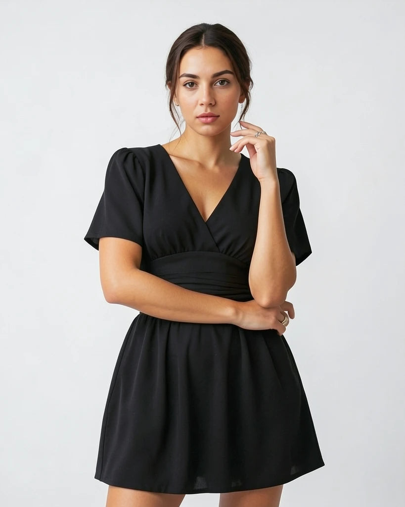 Elegant Gathered Waist Dress with V-Neckline