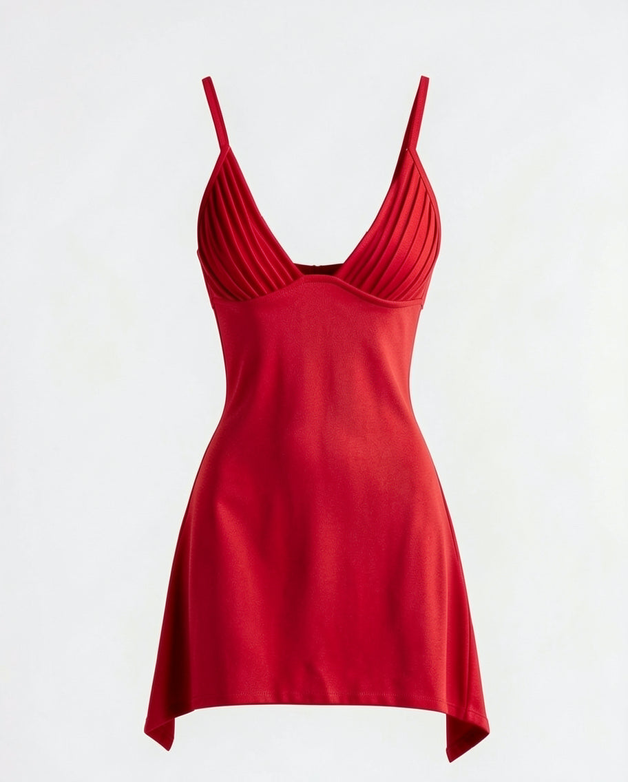 Pleated V-Neck Mini Dress