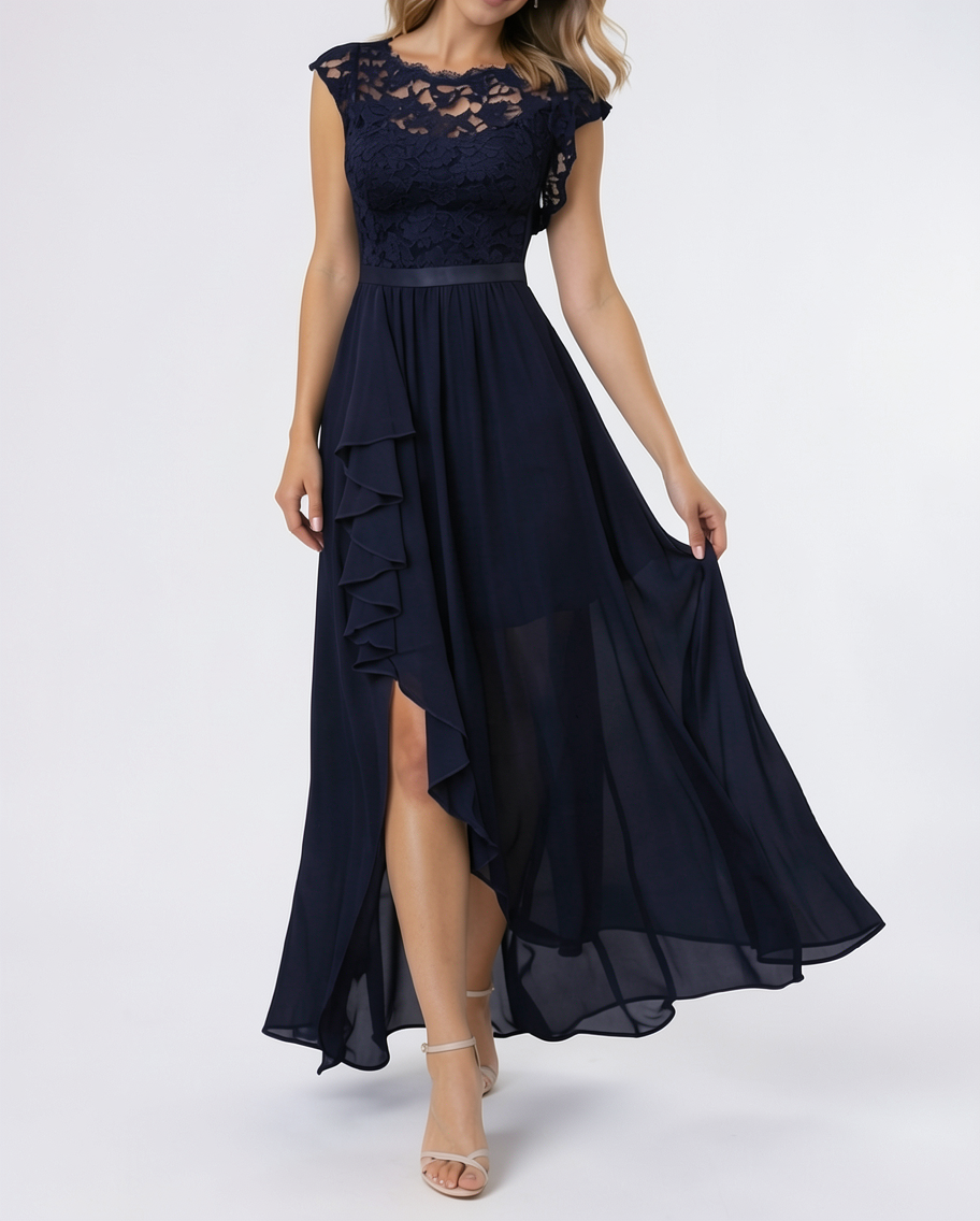 Lace Bodice High-Low Chiffon Evening Maxi Dress
