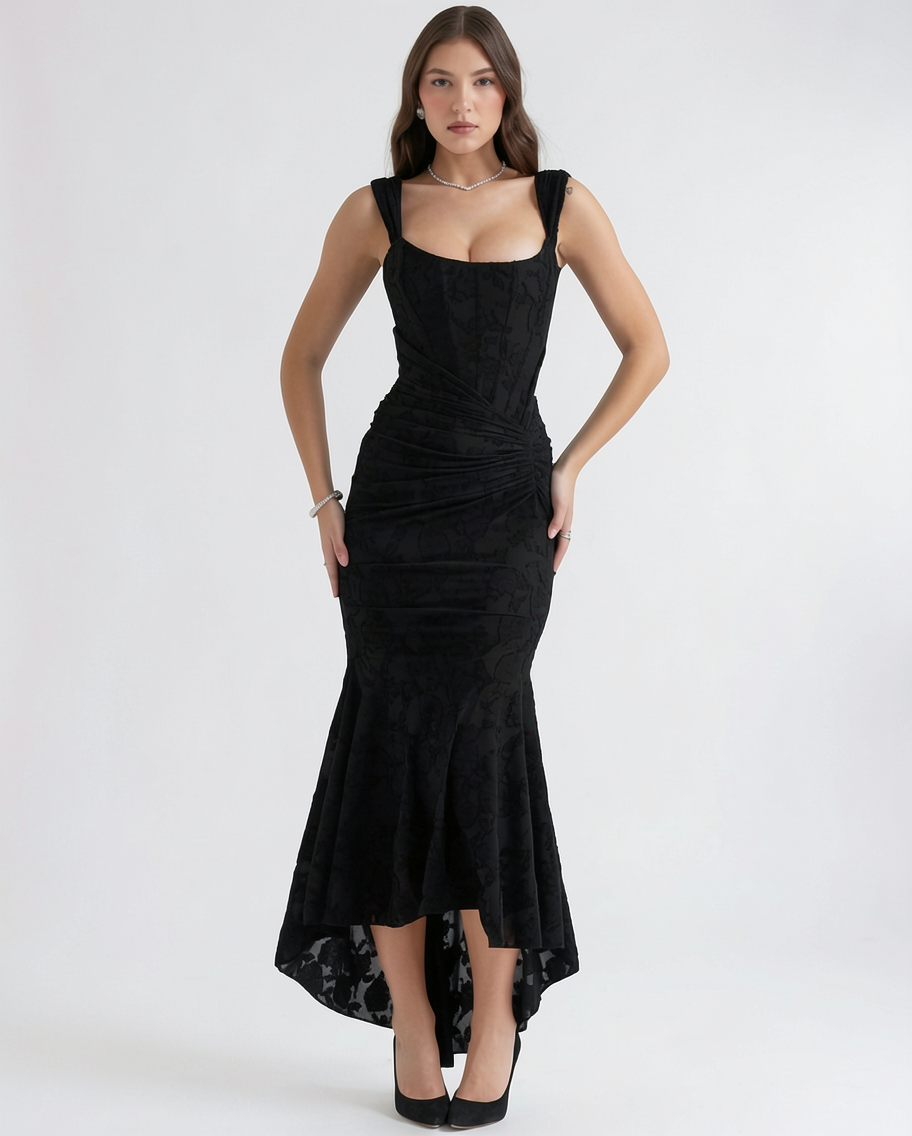Floral Devore Corset Mermaid Evening Maxi Dress