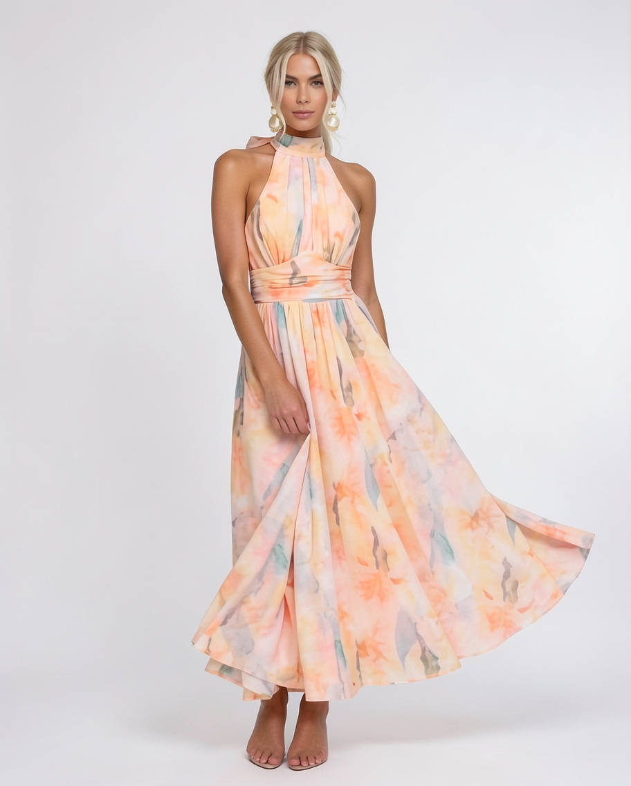 Fluid Georgette Halter Summer Resort Maxi Dress