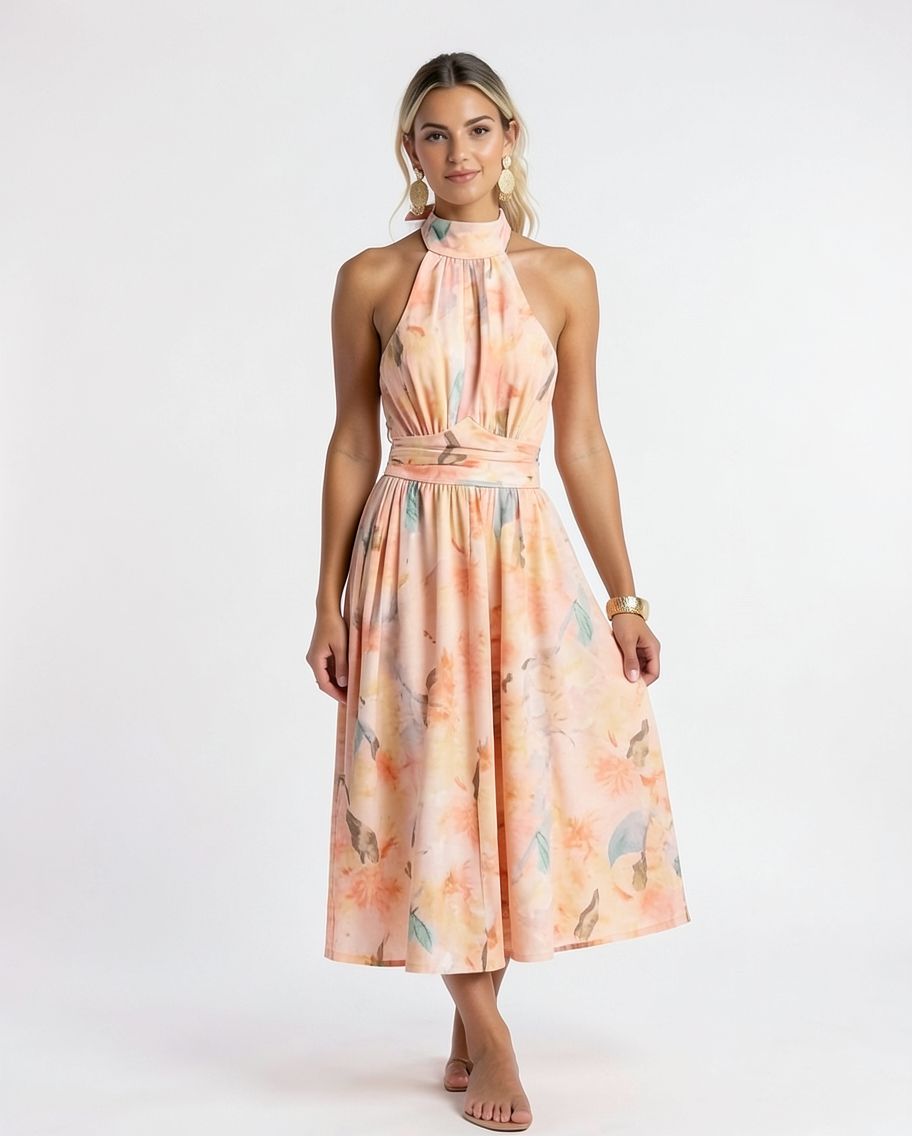 Fluid Georgette Halter Summer Resort Maxi Dress