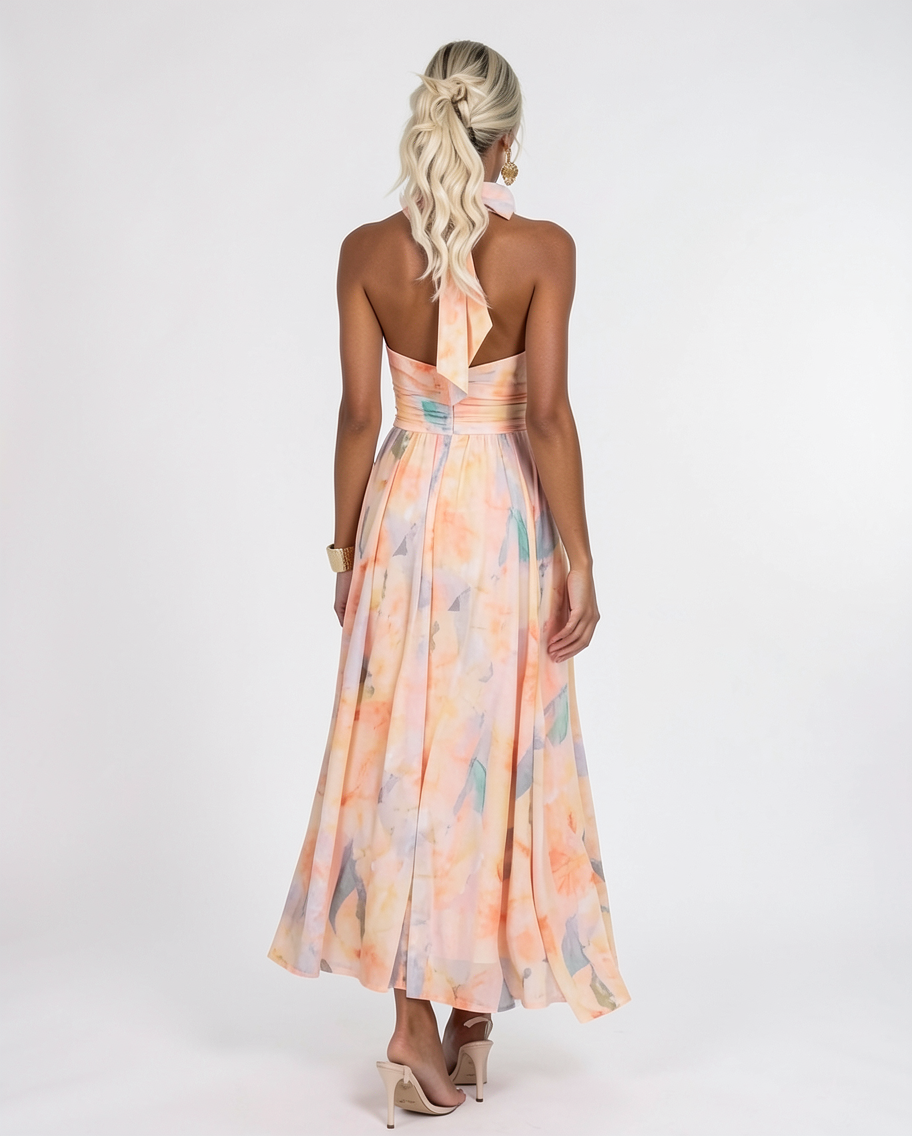 Fluid Georgette Halter Summer Resort Maxi Dress