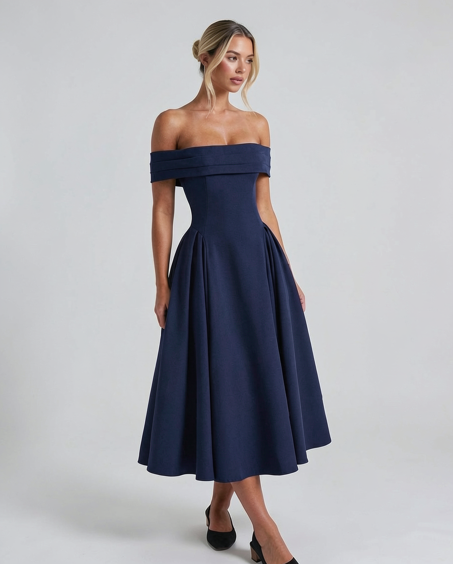 Off-Shoulder Stretch Crepe A-Line Formal Midi Dress