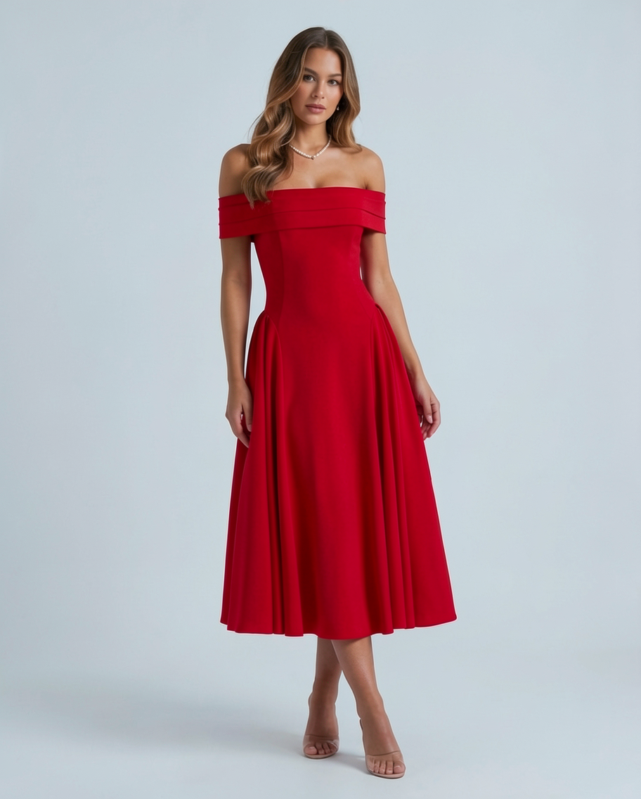 Off-Shoulder Stretch Crepe A-Line Formal Midi Dress
