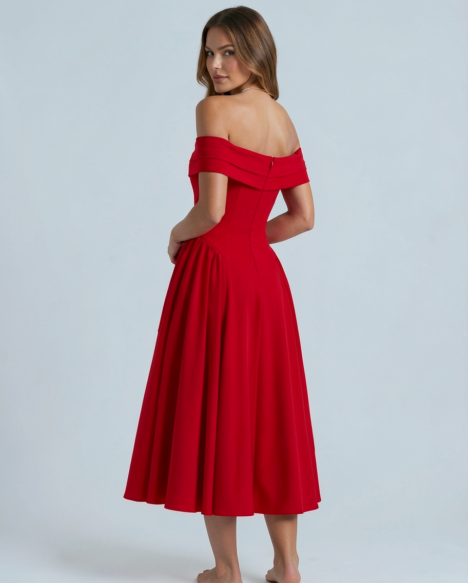 Off-Shoulder Stretch Crepe A-Line Formal Midi Dress