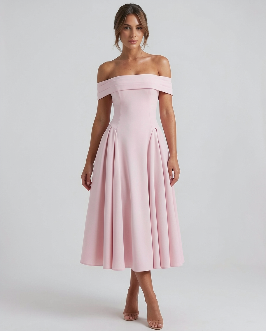 Off-Shoulder Stretch Crepe A-Line Formal Midi Dress