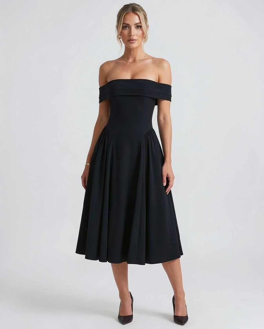 Off-Shoulder Stretch Crepe A-Line Formal Midi Dress