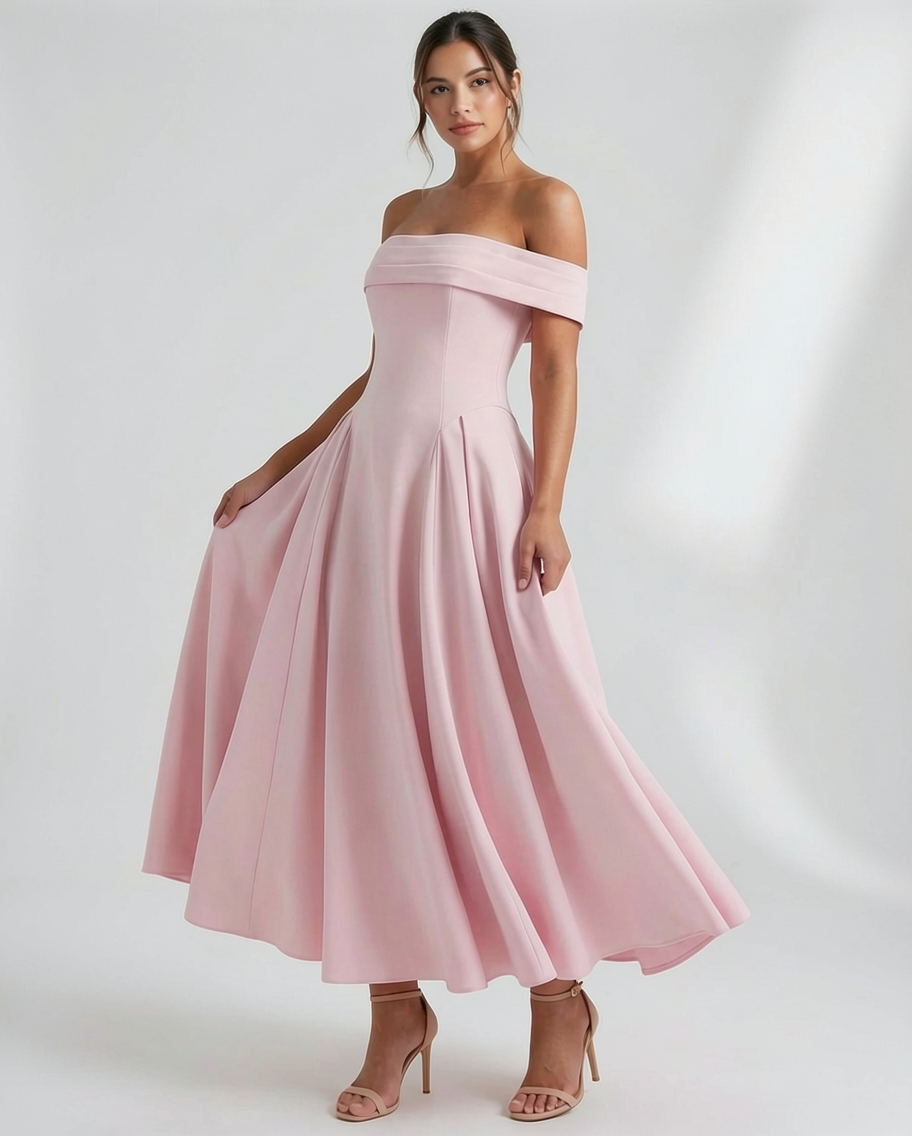 Off-Shoulder Stretch Crepe A-Line Formal Midi Dress