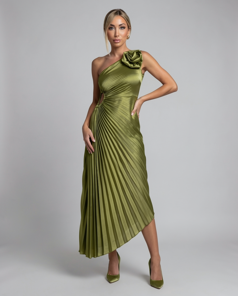 One-Shoulder Pleated Satin Formal Evening Midi Dress