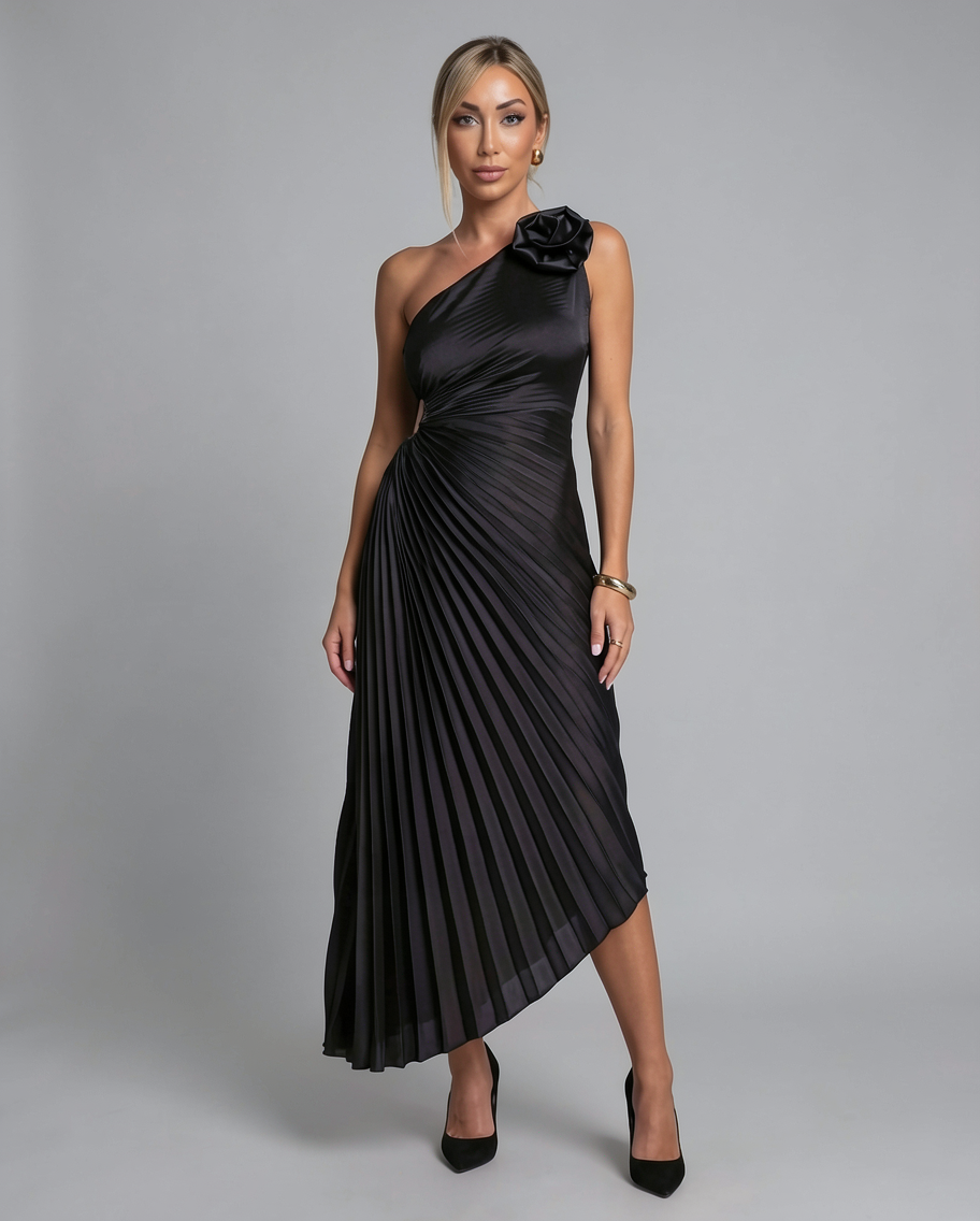 One-Shoulder Pleated Satin Formal Evening Midi Dress