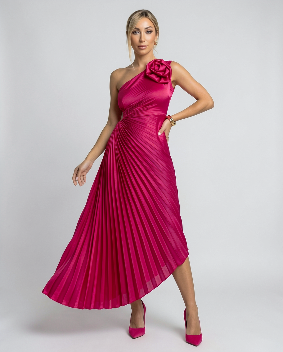 One-Shoulder Pleated Satin Formal Evening Midi Dress