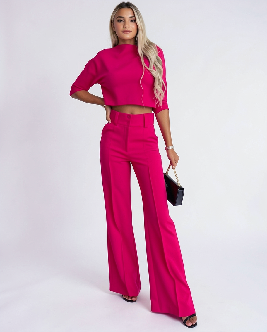 Women's Wide Leg Dress Pants & Cropped Top Two-Piece Set