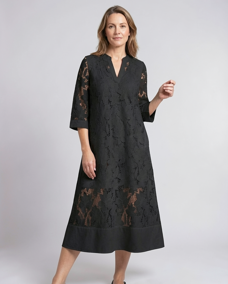 V-Neck Mandarin Collar Lace A-Line Resort Caftan Dress
