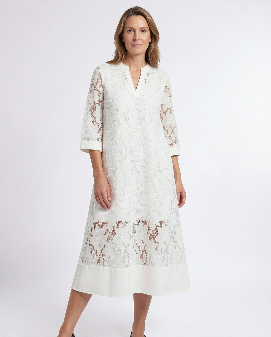 V-Neck Mandarin Collar Lace A-Line Resort Caftan Dress