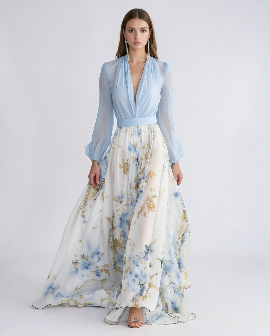 V-Neck Surplice Chiffon Formal Evening Maxi Dress