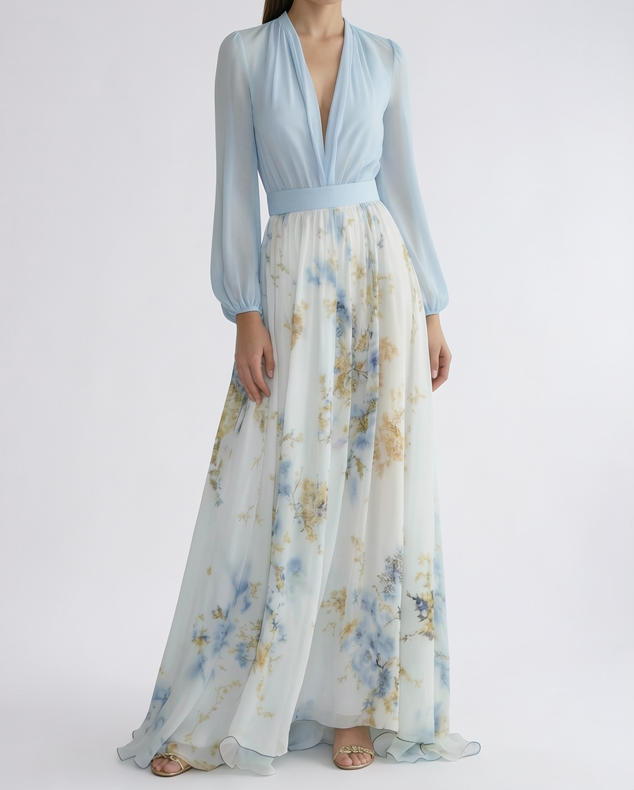V-Neck Surplice Chiffon Formal Evening Maxi Dress
