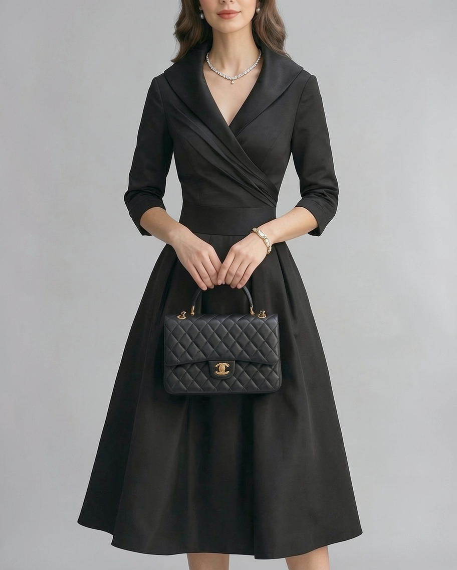 Wrap Shawl Collar Matte Satin A-Line Evening Midi Dress