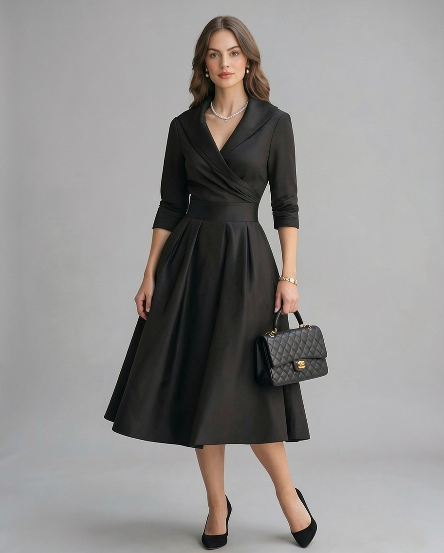 Wrap Shawl Collar Matte Satin A-Line Evening Midi Dress