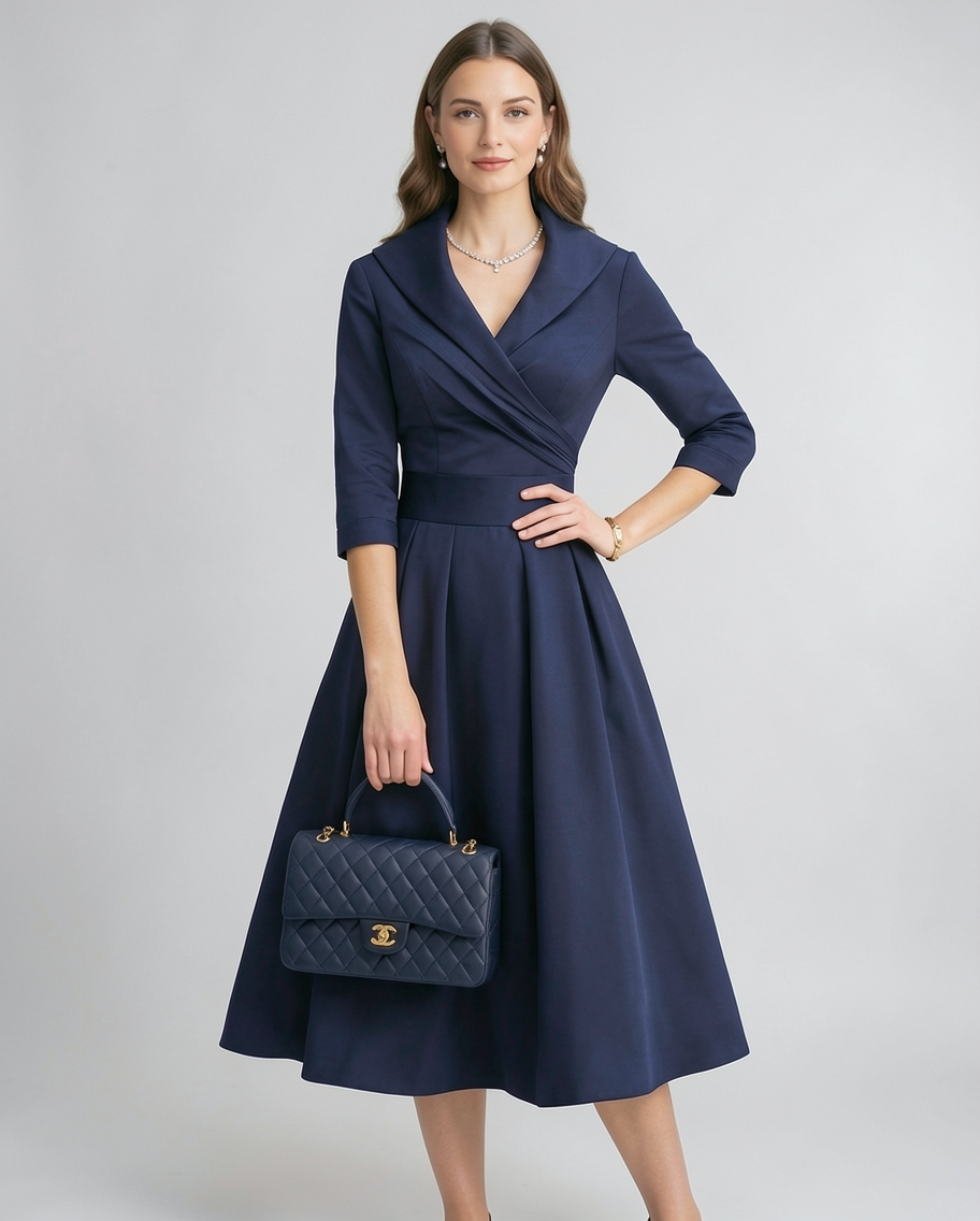 Wrap Shawl Collar Matte Satin A-Line Evening Midi Dress