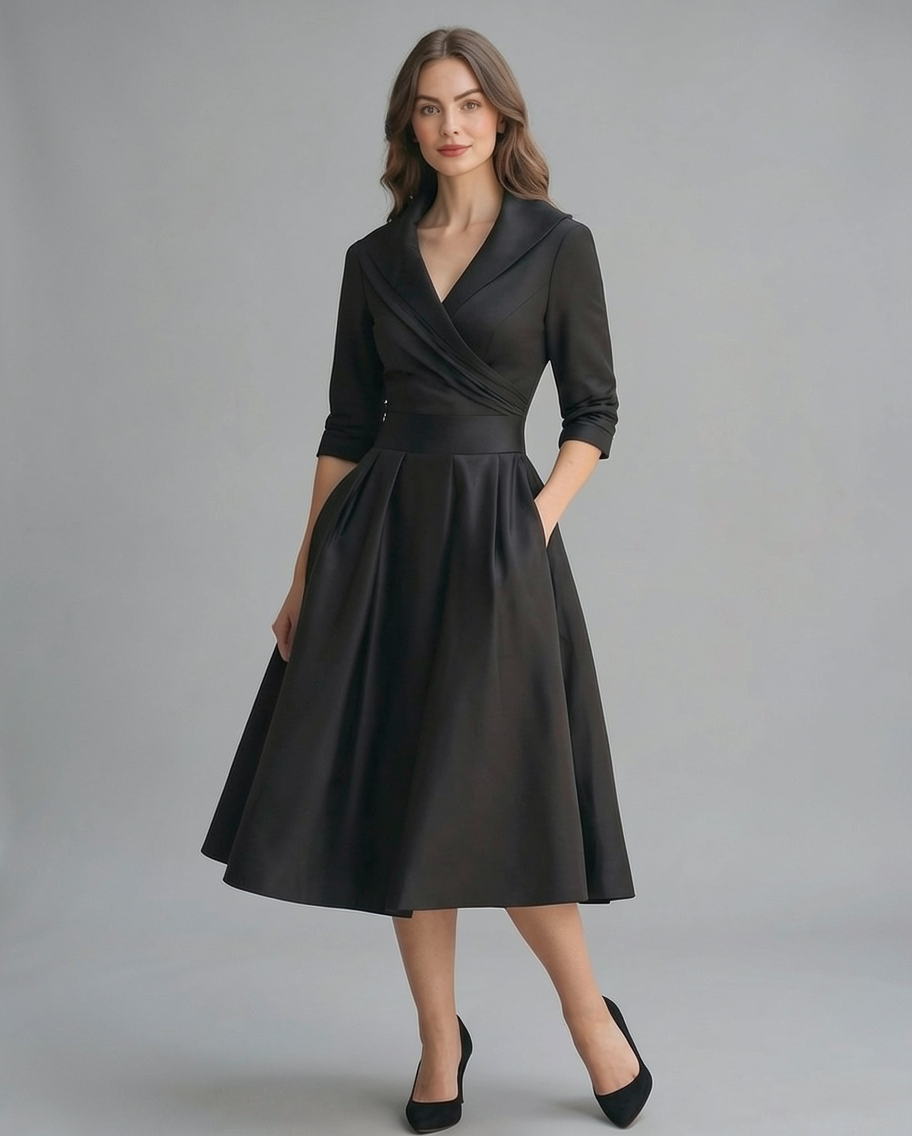 Wrap Shawl Collar Matte Satin A-Line Evening Midi Dress