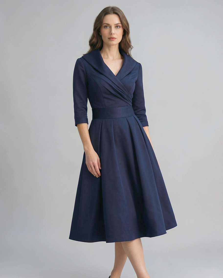 Wrap Shawl Collar Matte Satin A-Line Evening Midi Dress