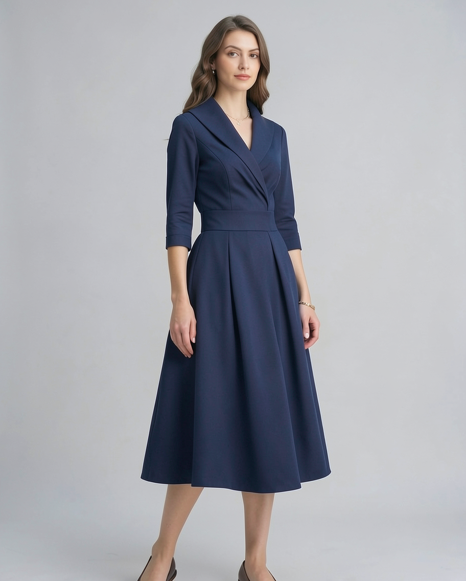 Wrap Shawl Collar Matte Satin A-Line Evening Midi Dress