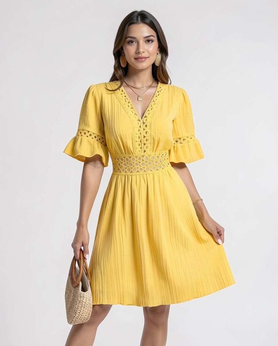 V-Neck Flared Sleeve Summer Day Dress