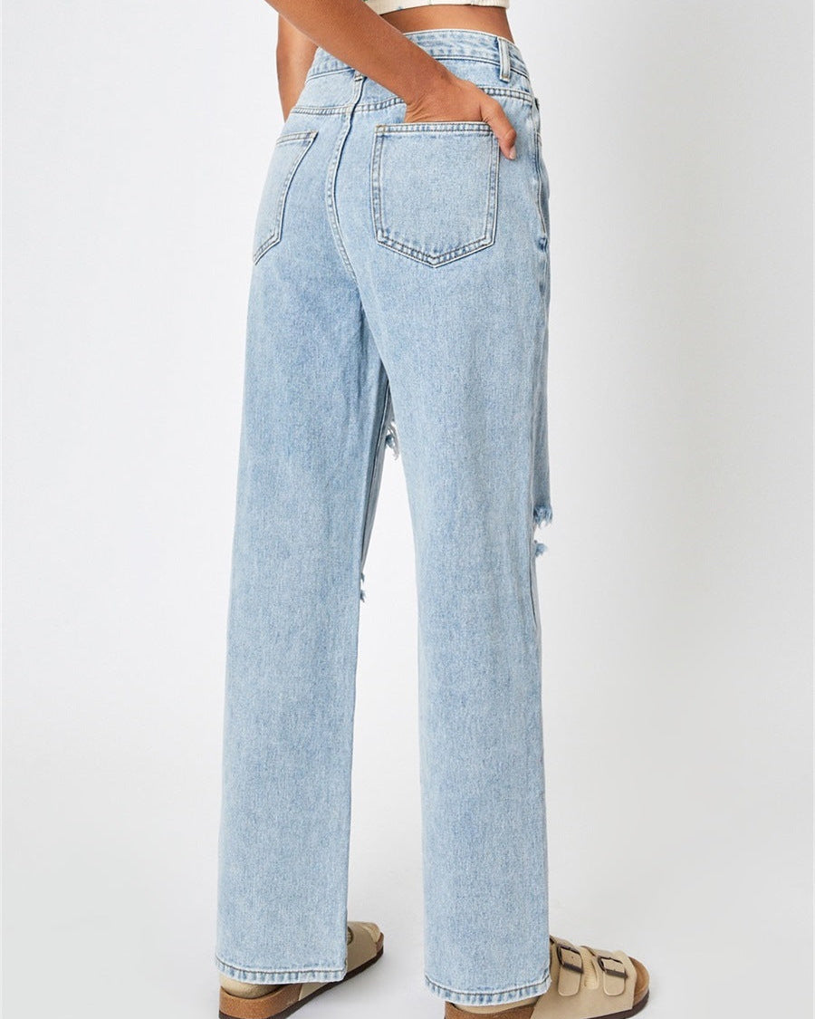 High-Waisted Distressed Wide-Leg Denim Jeans with Relaxed Fit